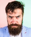 Man bearded hipster on strict face pink blue background. Hipster guy with messy tousled hair and long beard needs barber