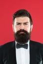 Man bearded hipster wear classic suit outfit. Classy style. Take good care of suit. Elegancy and male style. Businessman