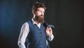 Man bearded hipster wear formal suit with shirt vest and jacket. Elegant custom outfit fashion. Tailoring and clothes