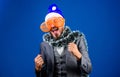 Man bearded hipster wear santa hat and funny sunglasses. Christmas party organisers. Guy tinsel ready celebrate new year Royalty Free Stock Photo