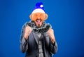 Man bearded hipster wear santa hat and funny sunglasses. Manager tinsel ready celebrate new year. Corporate holiday Royalty Free Stock Photo