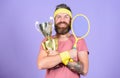 Man bearded hipster wear sport outfit. Success and achievement. Win tennis game. Win every tennis match i take part in Royalty Free Stock Photo