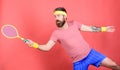 Man bearded hipster wear sport outfit. Tennis player beginner retro fashion. Concentrated on tennis court. Tennis sport Royalty Free Stock Photo