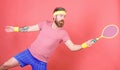 Man bearded hipster wear sport outfit. Tennis player beginner retro fashion. Concentrated on tennis court. Tennis sport Royalty Free Stock Photo