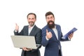 Man bearded manager show financial report laptop. Partnership. Software technologies for accounting. Modern technologies