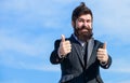 Man bearded optimistic businessman wear formal suit sky background. Success and luck. Optimistic mood. Think like Royalty Free Stock Photo