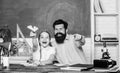 Man bearded pedagogue and pupil having fun. School learners leisure. Creating a community of learners. Teacher and Royalty Free Stock Photo