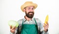 Man bearded presenting corncob maize and cabbage white background isolated. Fresh organic vegetable harvest. Hipster