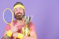 Man bearded successful athlete. First place. Sport achievement. Tennis champion. Win tennis game. Celebrate victory Royalty Free Stock Photo