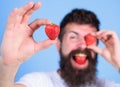 Man bearded winking with red berry, defocused. Perfect strawberry concept. Look at my berry. Hipster happy enjoy juicy