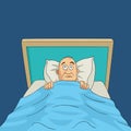 Man on bed with eyes wide open cartoon