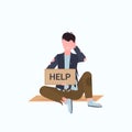 Man beggar holding sign board with help text tramp sitting on floor begging for help homeless jobless concept flat full