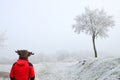 Man from behind looking at winter landscape - frozen meadow Royalty Free Stock Photo