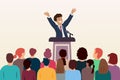 Man behind podium during stage speech. Orator with audience. Public speaking. Vector illustration Royalty Free Stock Photo