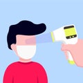 Man is being checked for body temperature with a thermometer infrared vector illustration
