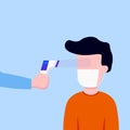 Man is being checked for body temperature with a thermometer infrared vector illustration