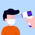 Man is being checked for body temperature with a thermometer infrared vector illustration