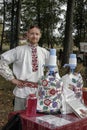 The man in the Belarusian national costume on the occasion of the city Day in Gomel region of Belarus.