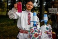 The man in the Belarusian national costume on the occasion of the city Day in Gomel region of Belarus.