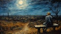 Memories Of Van Gogh: A Panoramic Painting Of A Man Sitting And Gazing At The Starry Sky