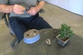 A man bending a wire for repotting bonsai