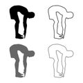 Man bends down Sportsman doing exercises Sport action male Workout silhouette side view icon set grey black color illustration