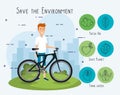 Man in bicycle with eco friendly icons Royalty Free Stock Photo