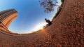 Man with bicycle on little on a park with trees, soft blue sky and sunset. Outdoor dramatic of man with mask in a park and