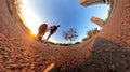 Man with bicycle on little on a park with trees, soft blue sky and sunset. Outdoor dramatic of man with mask in a park and