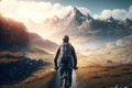A man on a bicycle in the mountains at dawn. AI generative Royalty Free Stock Photo