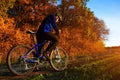 Man with bicycle riding country road