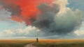 Man with bicycle standing against red clouds in the sky Royalty Free Stock Photo