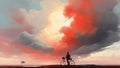 Man with bicycle standing against red clouds in the sky Royalty Free Stock Photo