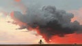 Man with bicycle standing against red clouds in the sky Royalty Free Stock Photo