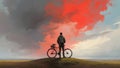 Man with bicycle standing against red clouds in the sky Royalty Free Stock Photo