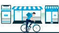 Man with bicycle, store created in objects like laptop mobile and tablet. delivery business vector illustration on white