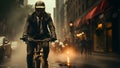 Man on a bicycle wears a gas mask in a smoke-filled city. It conveys health and environmental concerns in society that has