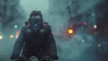 Man on a bicycle wears a gas mask in a smoke-filled city. It conveys health and environmental concerns in society that has