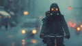 Man on a bicycle wears a gas mask in a smoke-filled city. It conveys health and environmental concerns in society that has