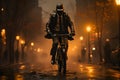 Man on a bicycle wears a gas mask in a smoke-filled city. It conveys health and environmental concerns in society that has