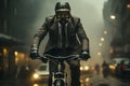 Man on a bicycle wears a gas mask in a smoke-filled city. It conveys health and environmental concerns in society that has