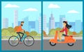 Man on Bicycle, Woman on Scooter, City Vector