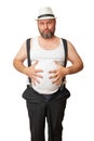 A man with a big belly shows his size with his hands.