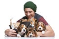 The man and big group of a beagle puppies Royalty Free Stock Photo