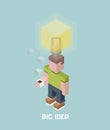 Man with big idea bulb overhead, cubes composition isometric vector illustration