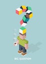 Man with big question doubts, giant question mark, cubes composition isometric vector illustration