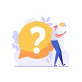 Man with big question mark. User asking frequently asked questions. Concept of customer guide, useful information, FAQ. Vector Royalty Free Stock Photo