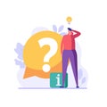 Man with big question mark. User asking frequently asked questions. Concept of customer guide, useful information, FAQ. Vector Royalty Free Stock Photo