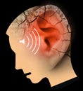 Man with big red cracked ear and head, symbolizing tinnitus and ear problems