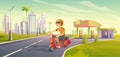 Man on bike driving from eco gas refueling station Royalty Free Stock Photo